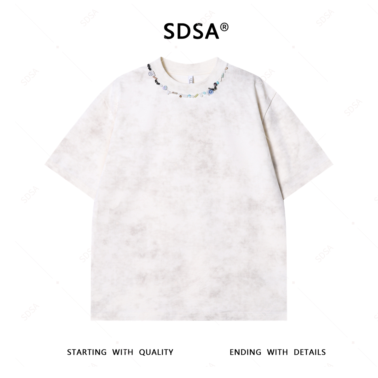 夏季高级感新款男士扎染领口立体珠子纽扣装饰短袖T恤重磅时尚潮