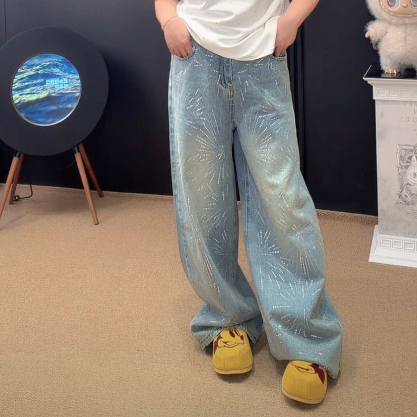 「涵涵家」早春新款重工烫钻高腰显瘦宽松阔腿弯刀牛仔裤女#5828