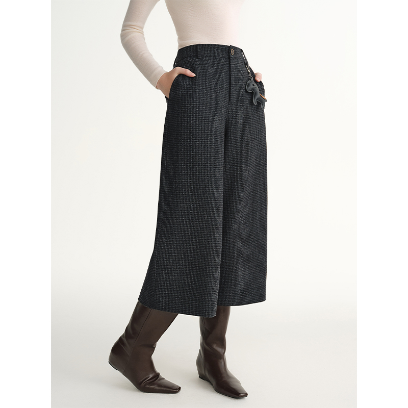 独束大码女装【智系灰格】羊毛混纺细格纹七分高腰裤子25DS84600