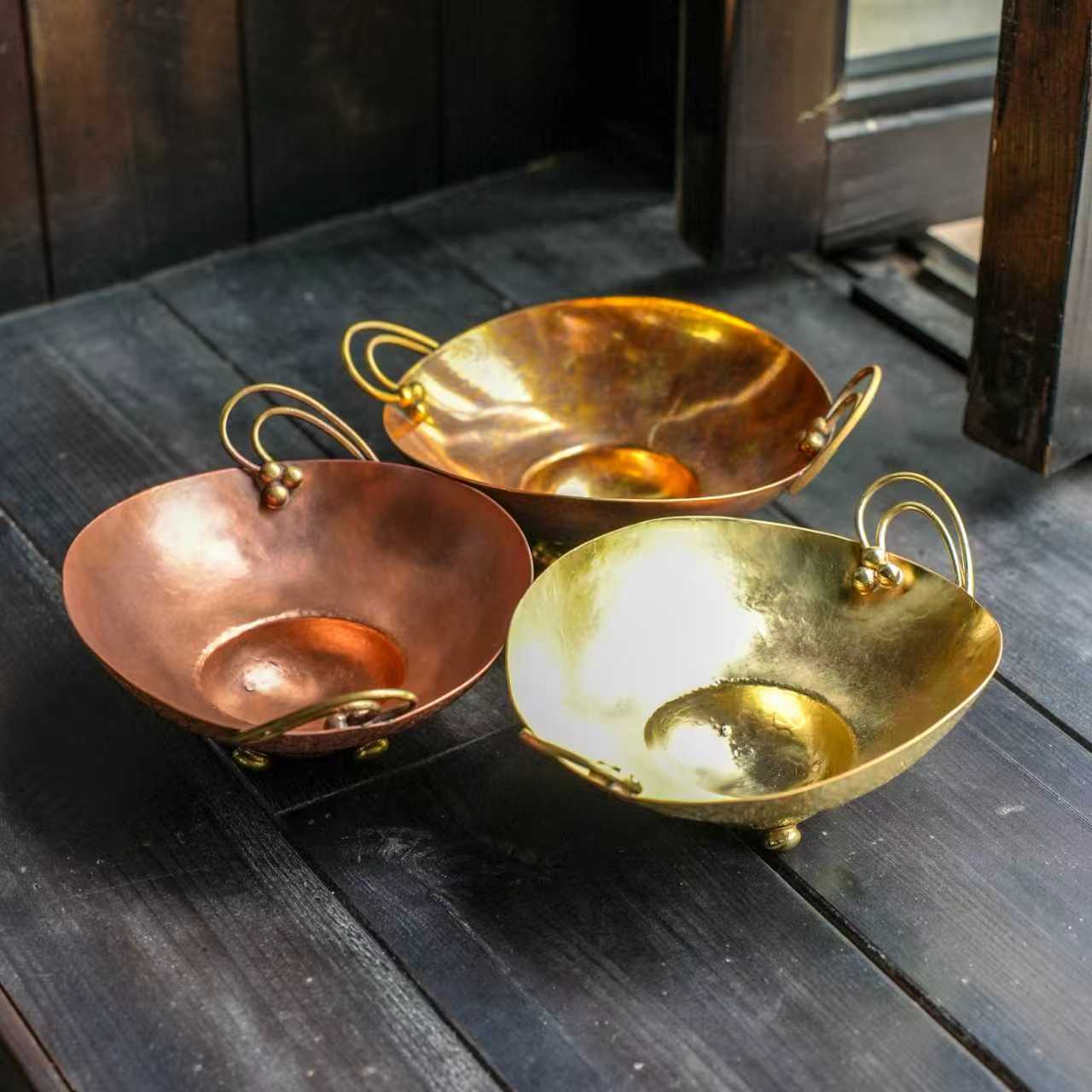 手工铜器简约风铜盘高足果盘四足果盘