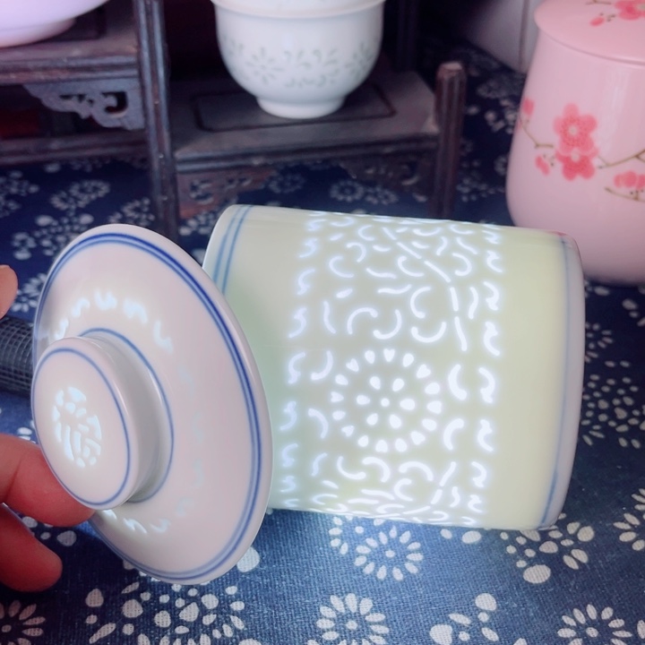 青花玲珑办公杯满雕素玲珑