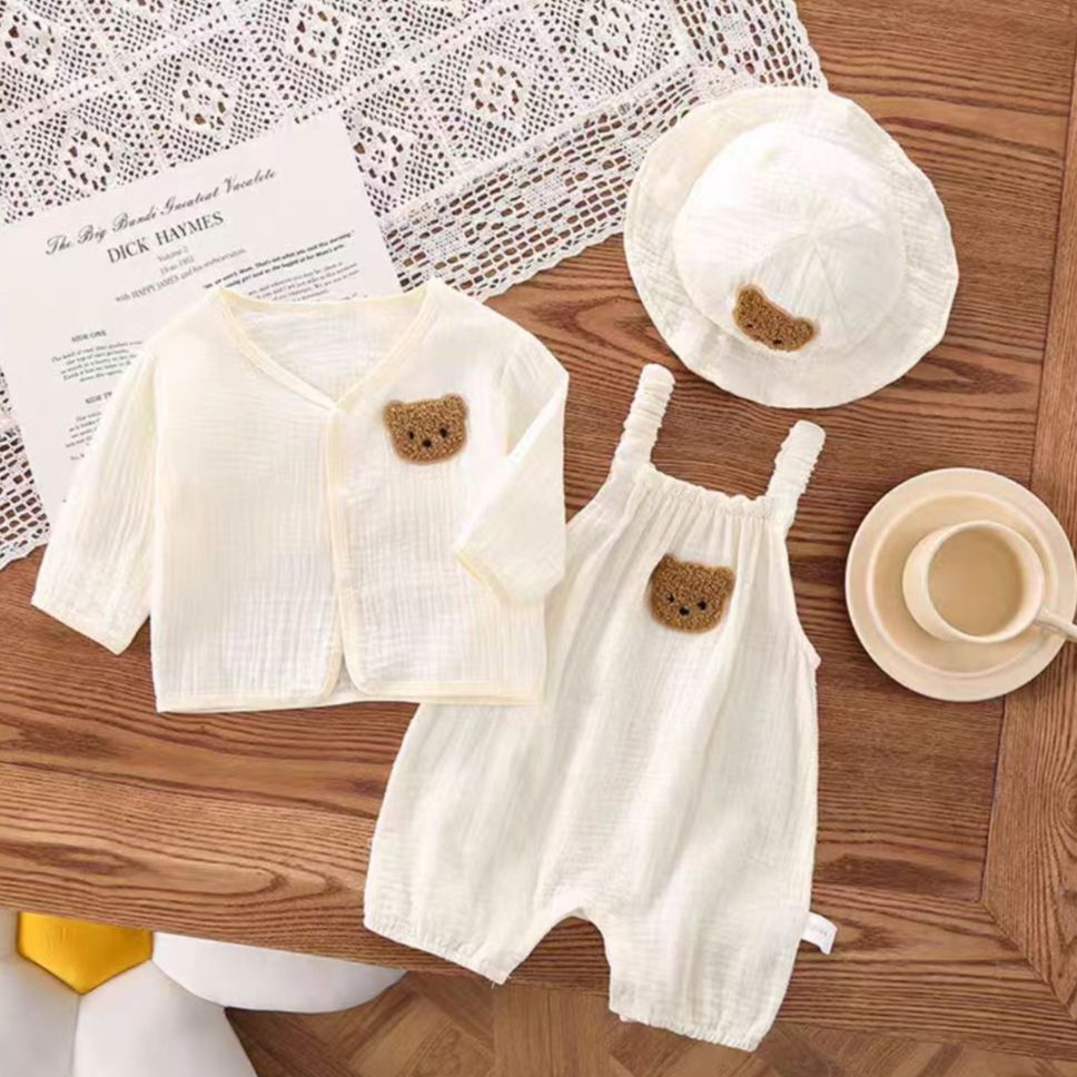 （咪）2025新款宝宝夏装纱布背带裤薄款带帽吊带新生儿连体哈衣