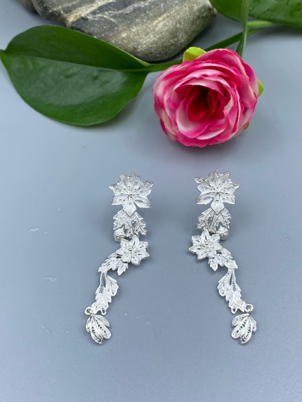 足银耳饰 侗石記 拉丝工艺 国色天香牡丹花耳环