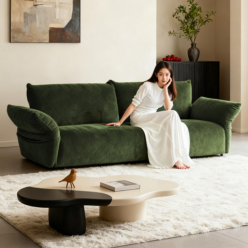开新Kixoon雪尼尔直排简约花瓣百合布艺沙发绿色三人位小户型客厅
