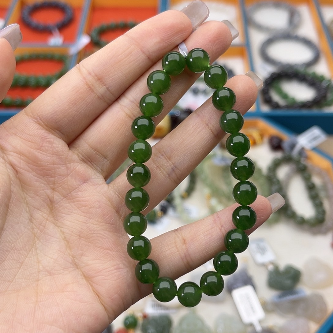 和田玉未镶嵌颈饰w37碧玉辣阳绿8mm