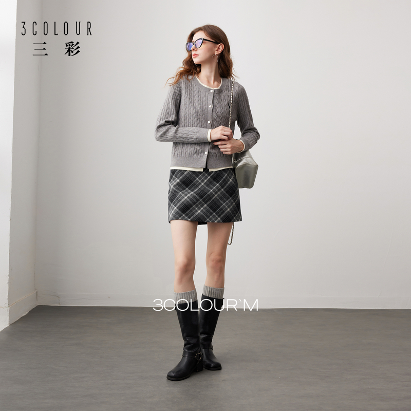 三彩2026春季新款复古格纹毛呢半身裙高腰修身A字裙显瘦短裙M