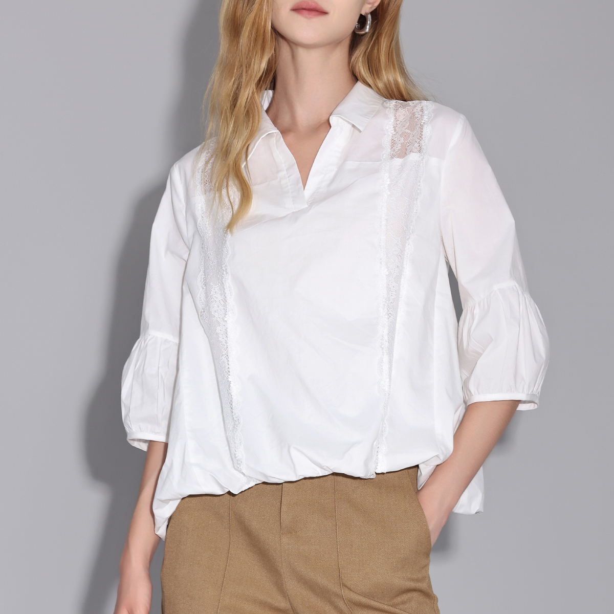 V领中袖镂空四季通用纯色衬衫气质夏季小众长袖休闲女士百搭上衣