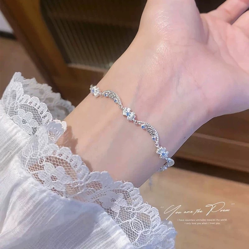 足银手链 甜美蝴蝶结手链女小众设计轻奢镶嵌粉/蓝色锆石精致