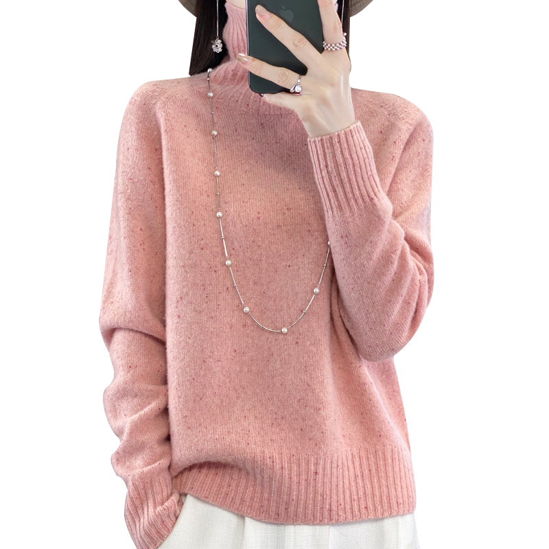 100%纯羊毛衫女堆堆领套头宽松毛衣秋冬新款彩点高领针织打底上衣