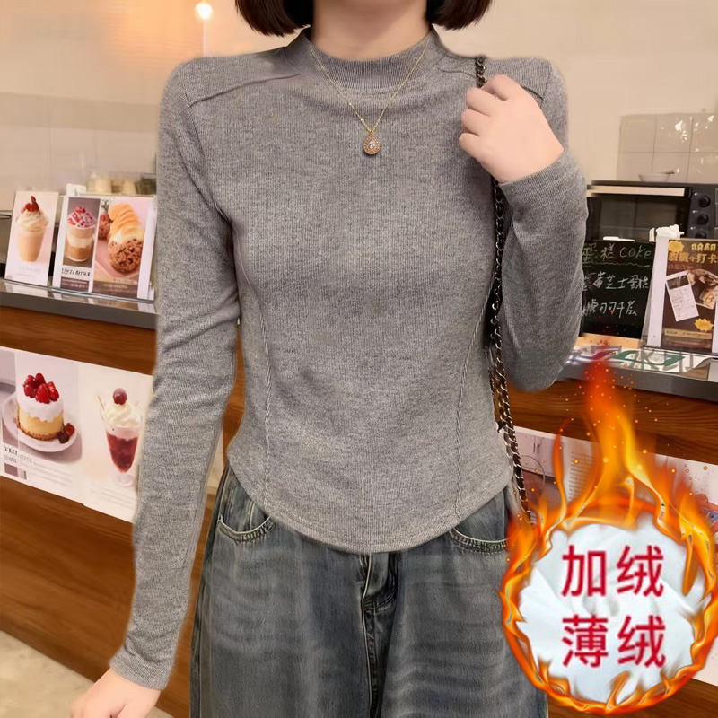 加绒保暖打底衫女内搭2025秋冬季长袖磨毛T恤弧形下摆设计感上衣