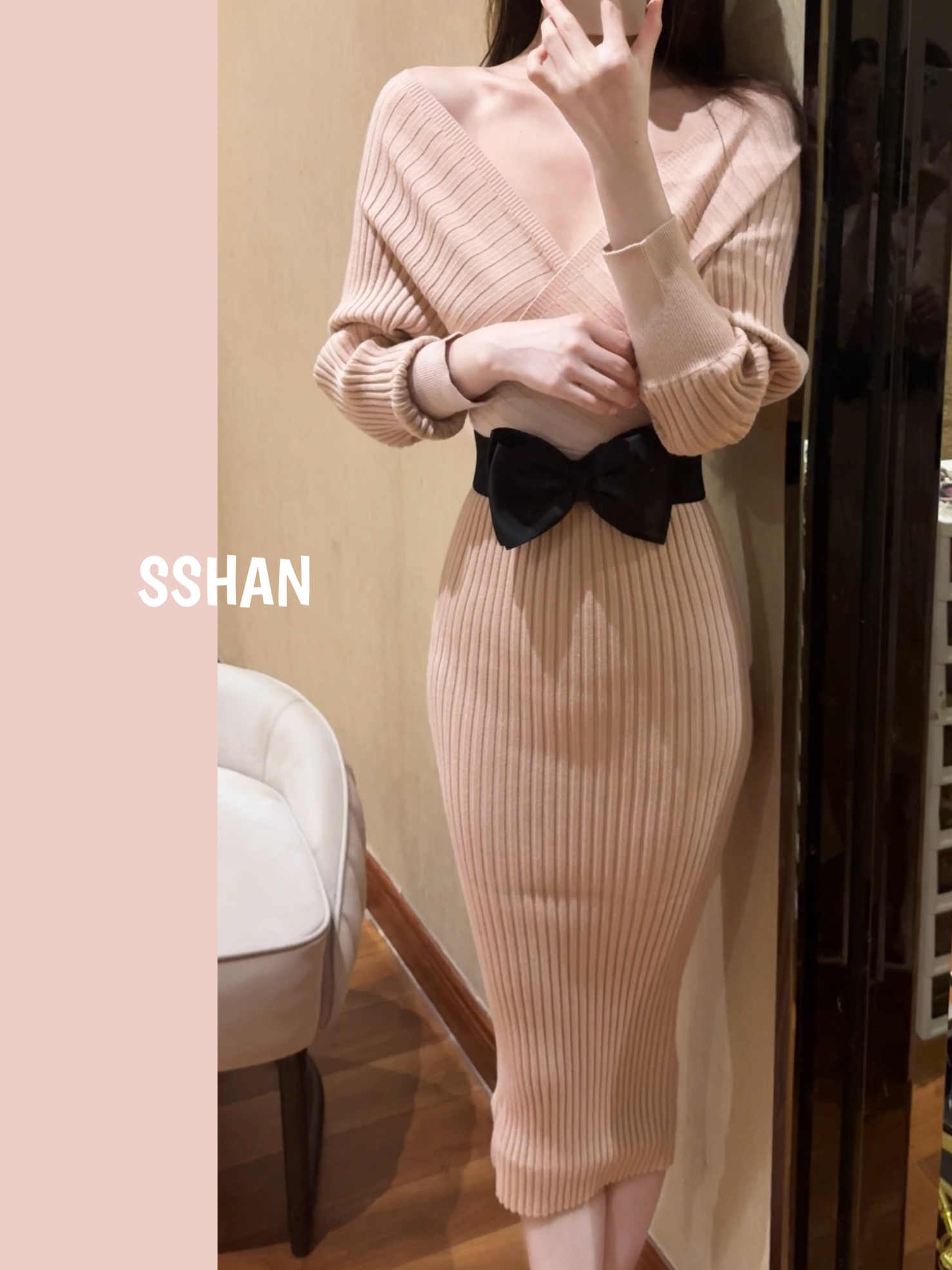 粉洛佳人 纯欲修身收腰包臀粉色连衣裙V领打底针织长裙8716