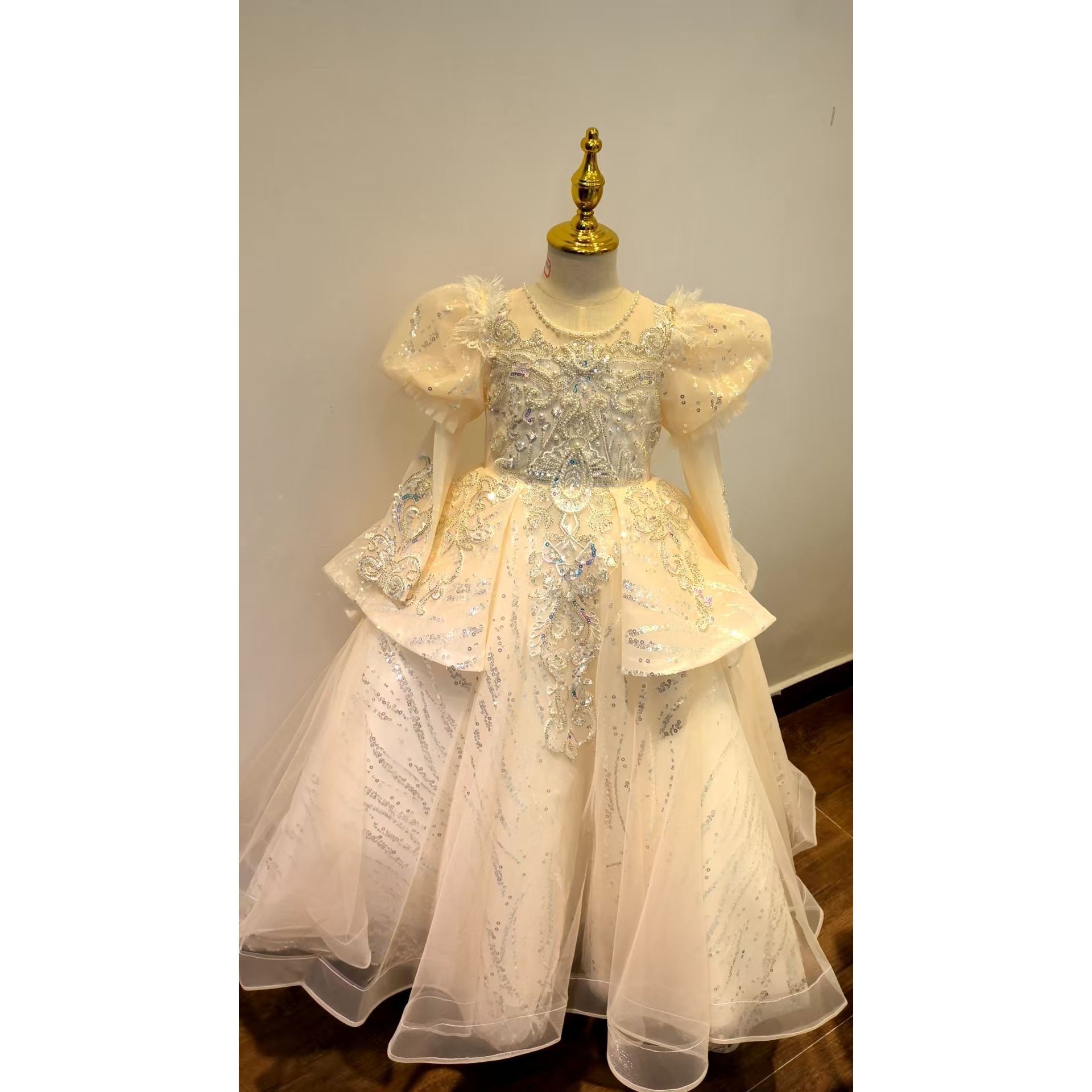 【晨光】高级香槟金短款亮片大蝴蝶结公主裙花童主持人钢琴洋