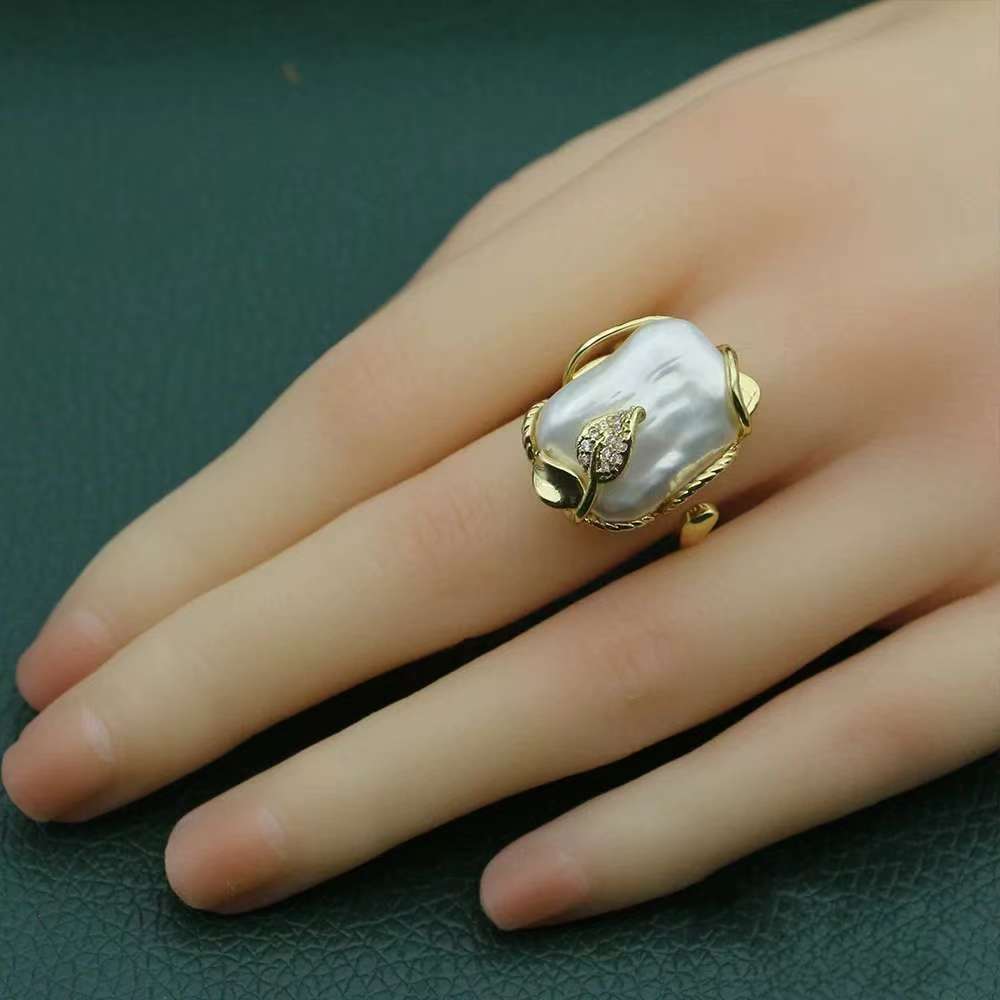 【无事牌】天然珍珠方牌戒指女开口可调节轻奢精致食指戒指