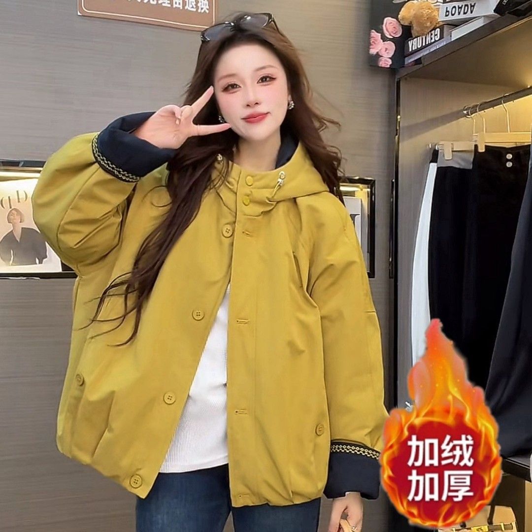 《现货全身加绒》韩版休闲风落肩袖女不褪色短外套冬季连帽宽松型