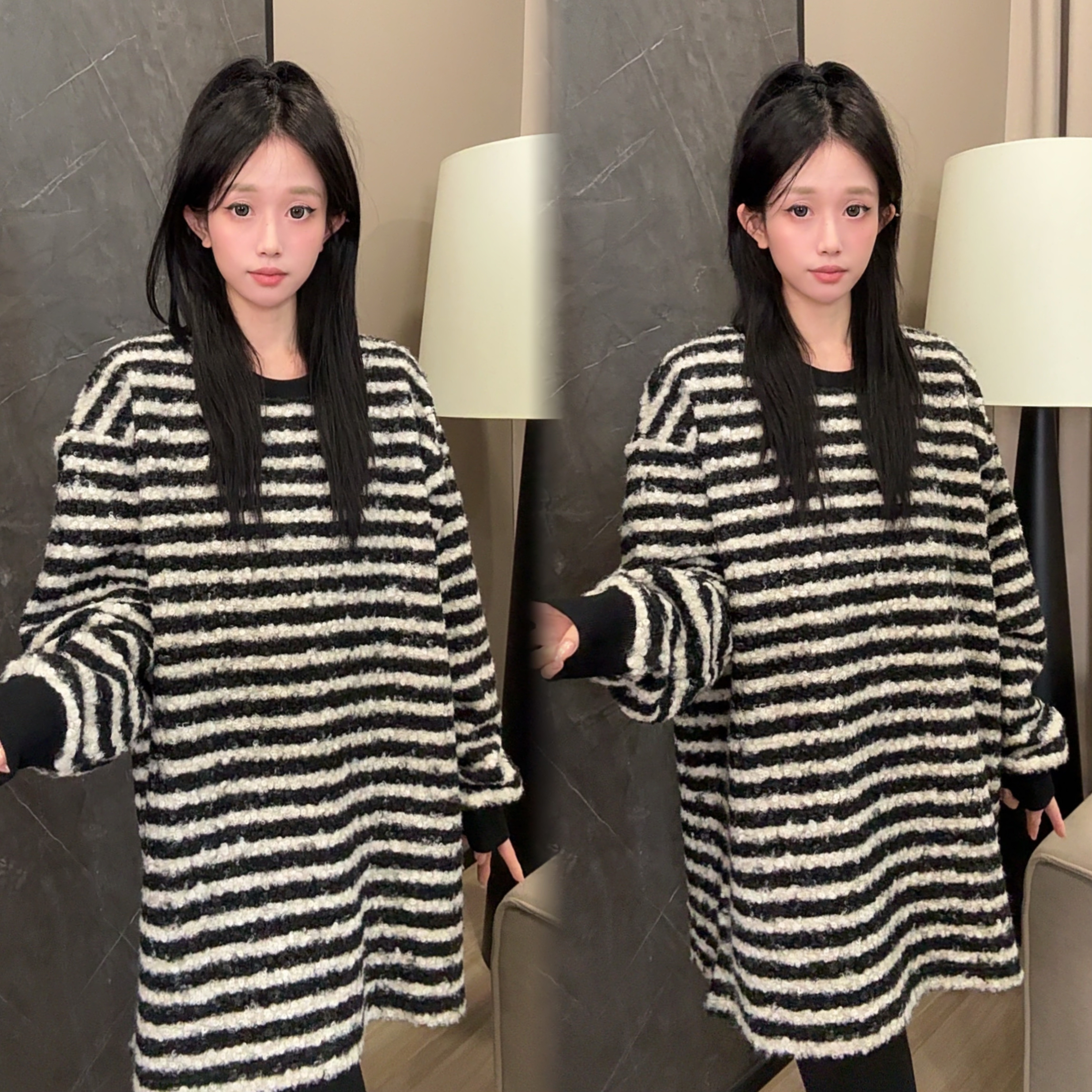 二姐的宝藏秋冬黑白条纹撞色圆领毛毛双面绒宽松卫衣#25461