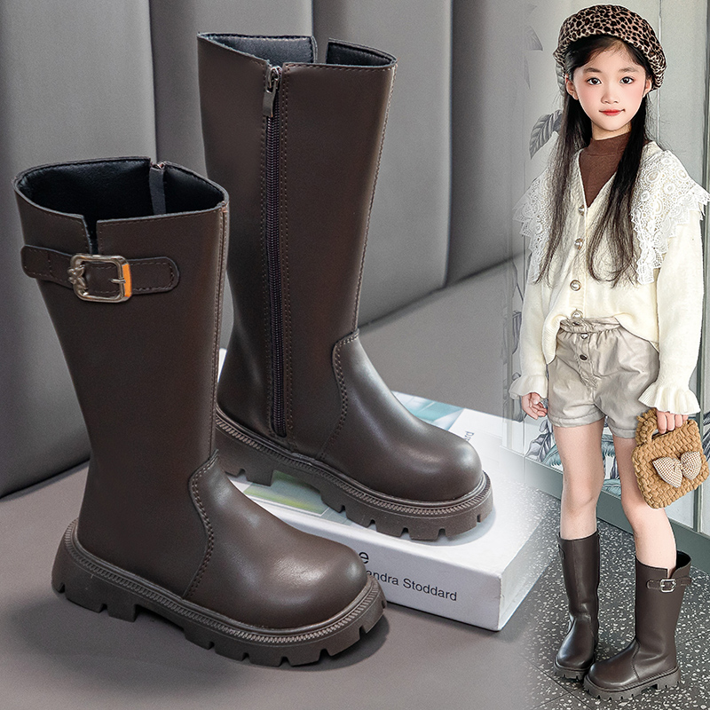 后拉链皮靴女童侧拉链棉靴长筒靴休闲风女孩女高筒靴