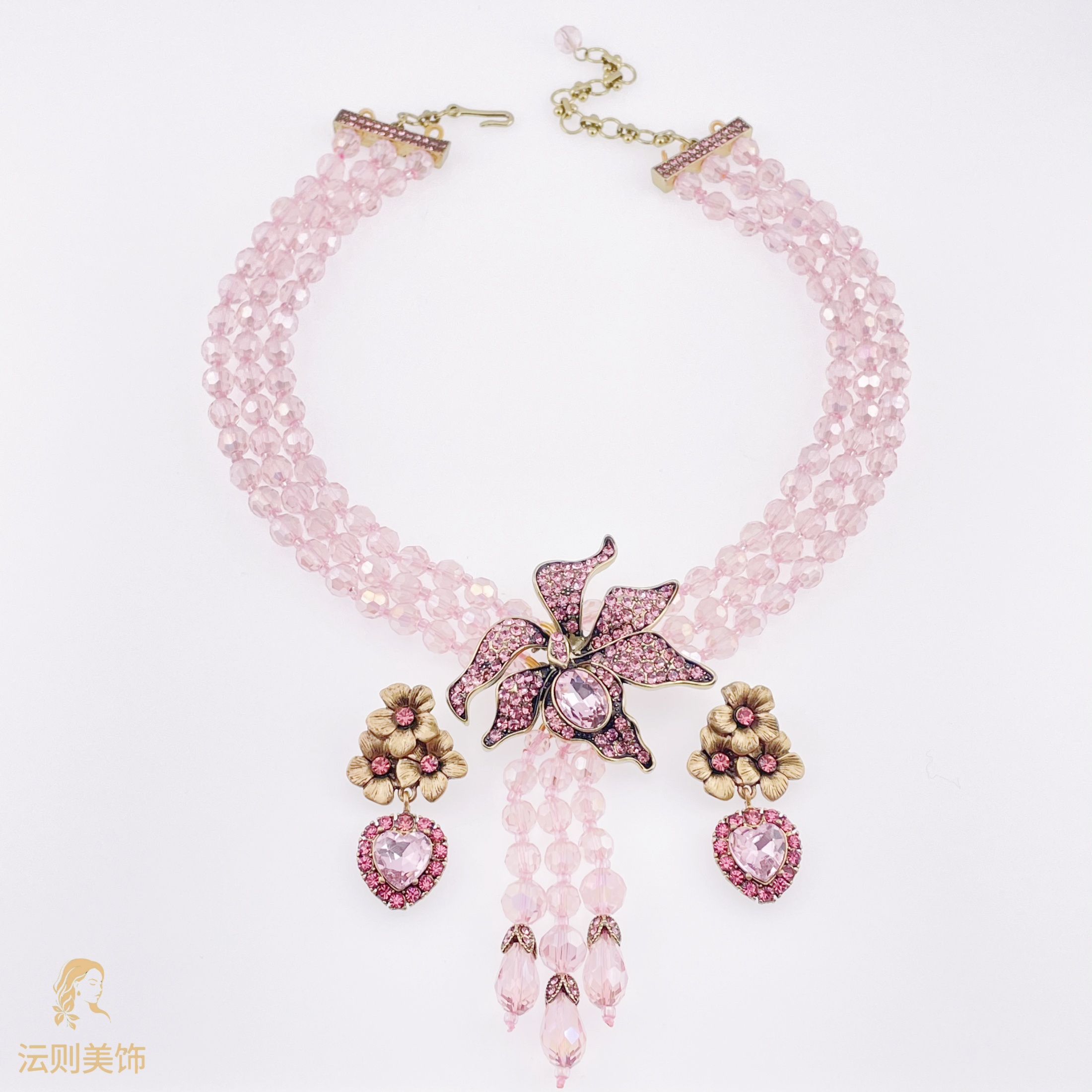 铜合金锆石项链 Y037新国风蝴蝶花朵款项链套
