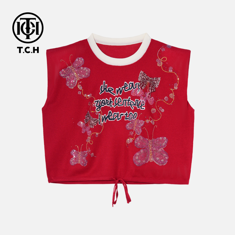 TCH私服烫钻工艺时尚休闲百搭气质针织T恤女T75C09E5005轻奢tch