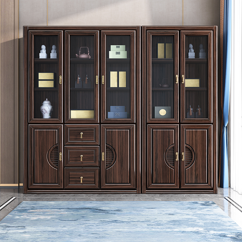 乌金木新中式实木两门三门四门五门书柜收纳柜家书房简约X250608