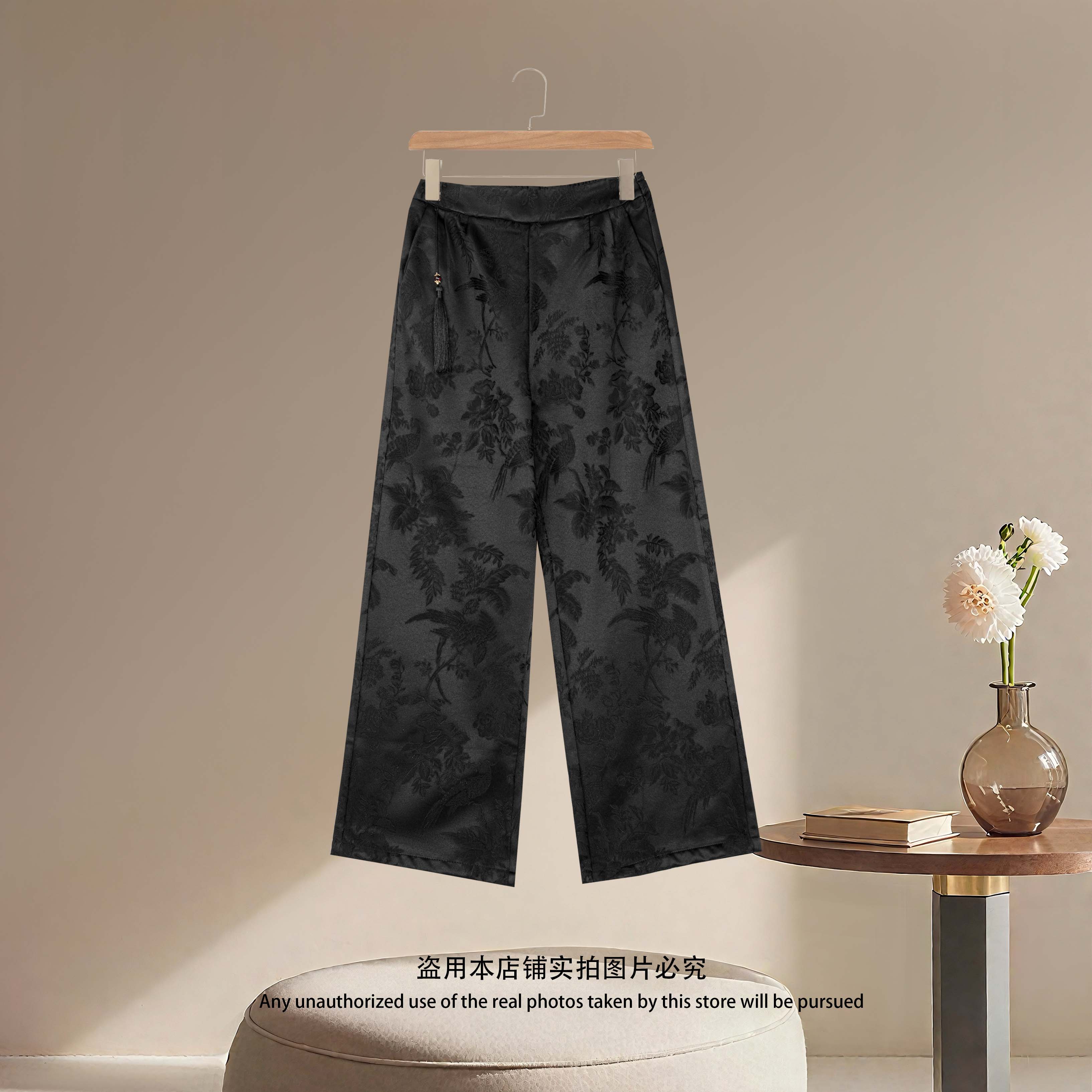 【喜鹊登枝】秋冬加绒加厚新款重磅提花高腰直筒裤BB8120
