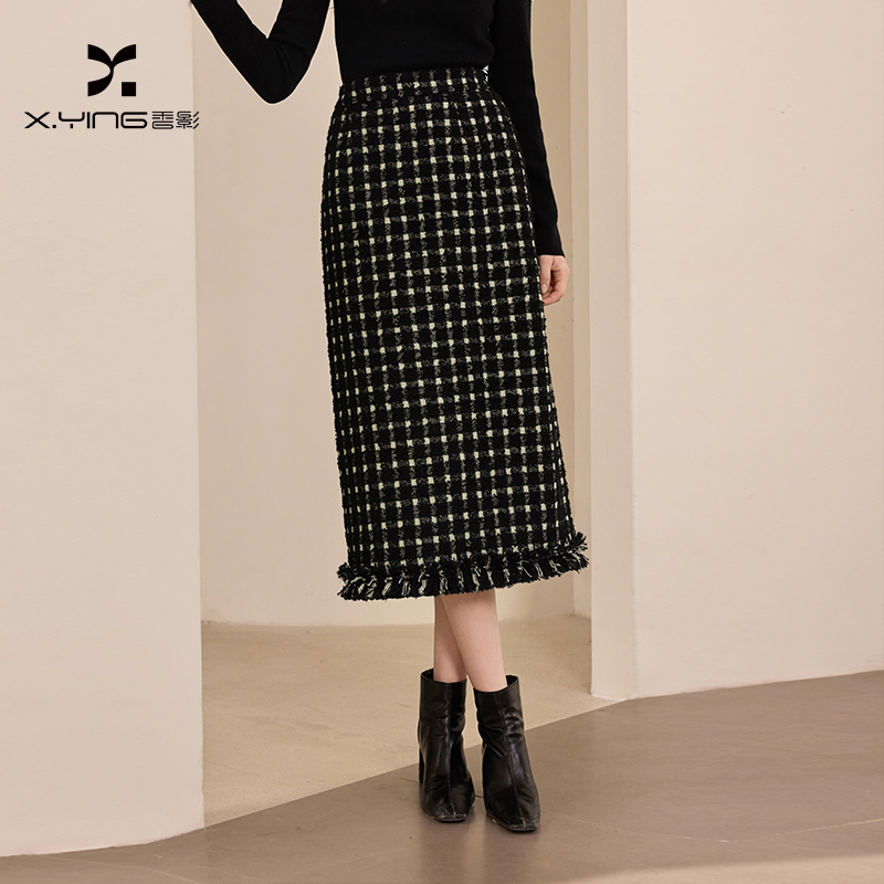 【直播专享】R95W000半身裙 香影黑色毛呢格子半身裙女冬季新款含