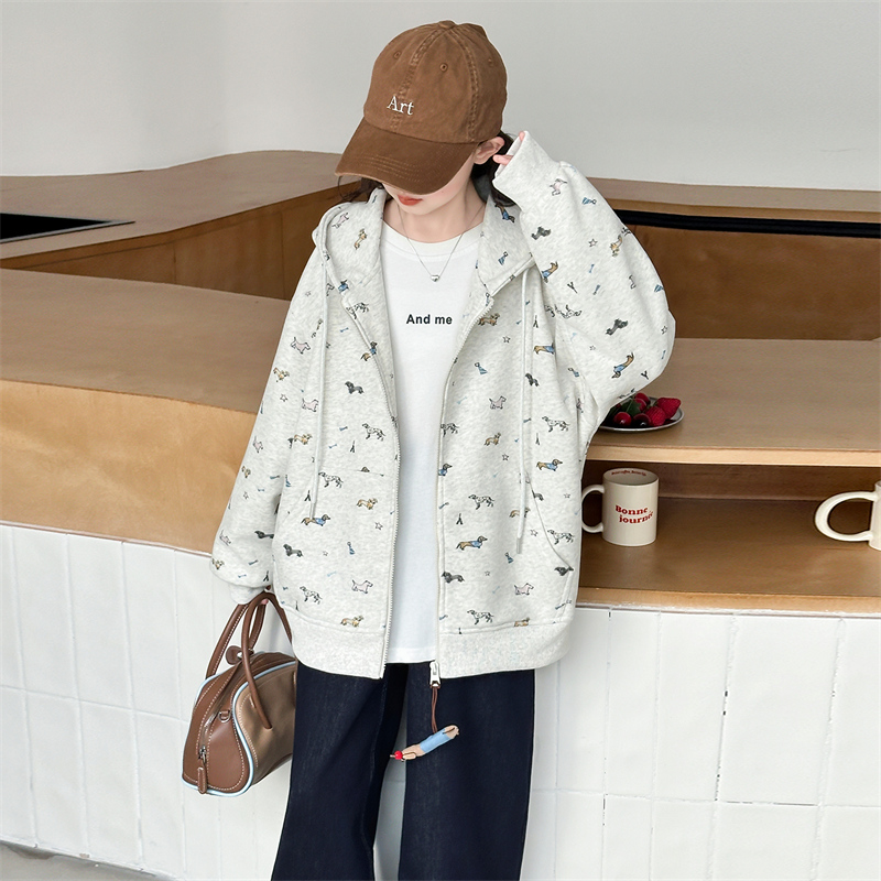 女童秋季新款卡通印花连帽外套女孩摩登潮酷休闲外套女学生春秋款