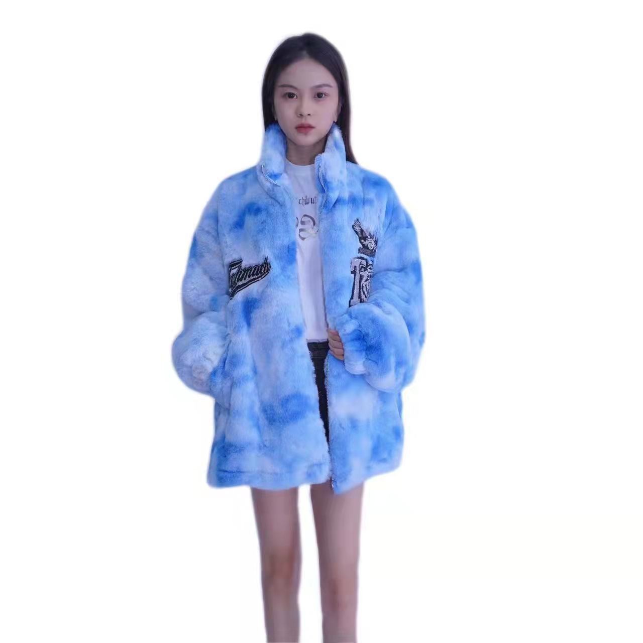 TCH服饰店播-扎染蓝色冬季时尚毛毛外套T21127C6008