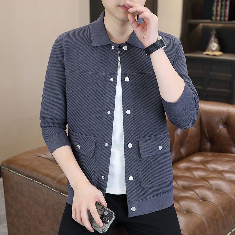 新款男士按扣翻领纹理休闲针织开衫男外套24815