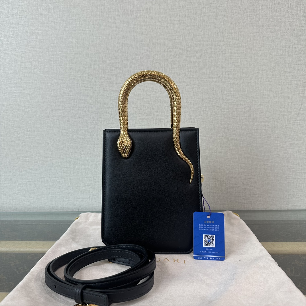 99新 BVLGARI/宝格丽 黑色镀金黄铜蛇形金色手柄mini手提包 13560