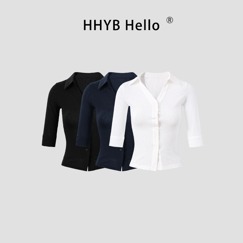 HHYB Hello微透v领修身五分袖上衣2025新款弹力棉麻衬衫女250655