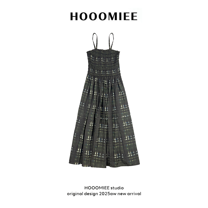 Hooomiee夏夜萤火吊带抹胸连衣裙法式印花收腰无袖百褶长裙0115