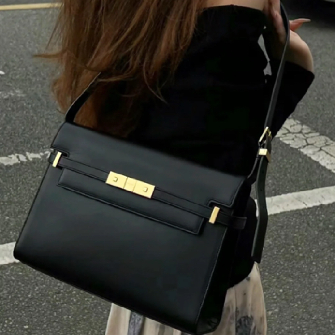 99新 YSL/圣罗兰 黑金曼哈顿中号牛皮单肩包/50686 百搭 复古 ins