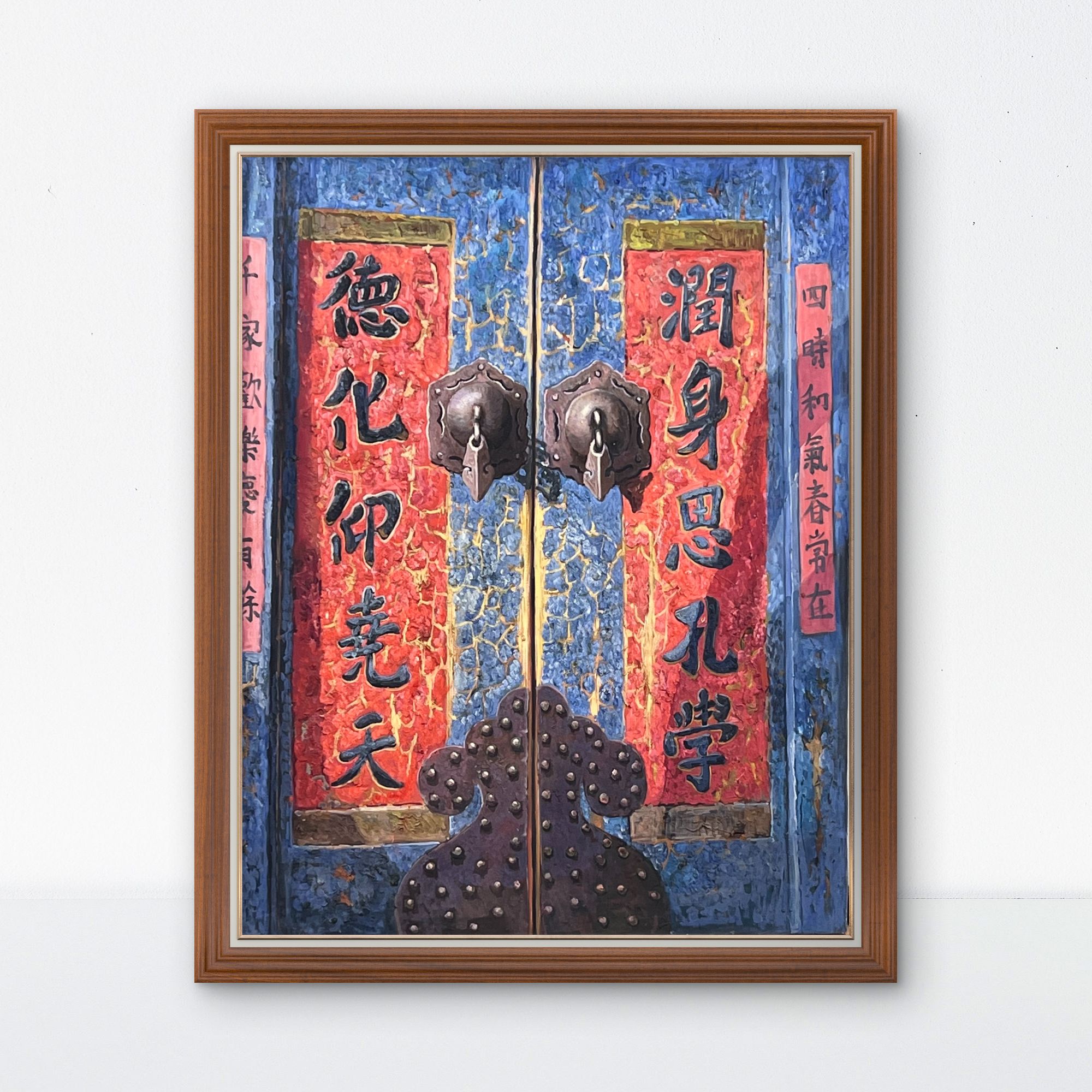 手绘油画  中式对联门油画收藏   画心尺寸60*80cm
