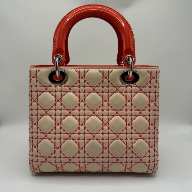 95新 DIOR/迪奥 米色拼橘色五格戴妃托特包