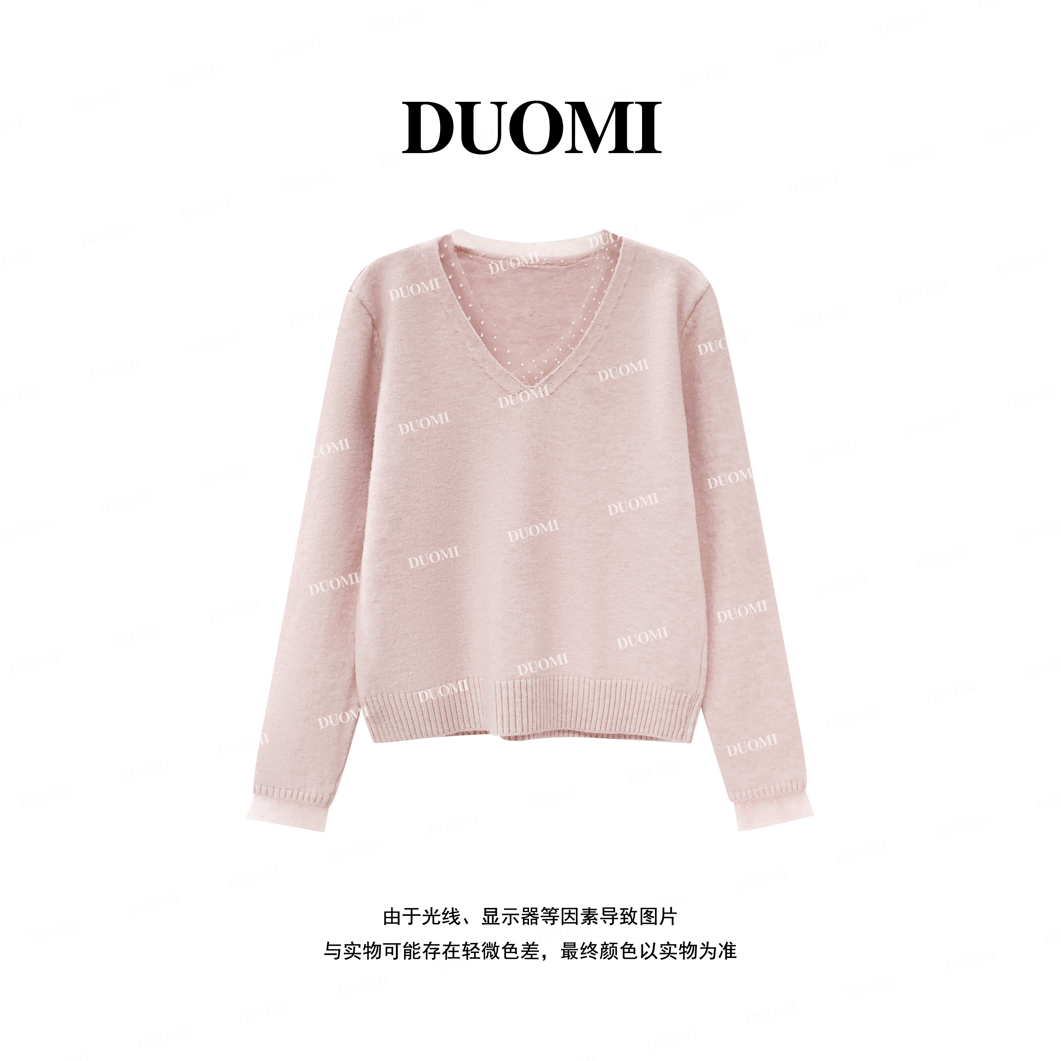 【DUOMI】新款女装百搭时尚v领设计感拼蕾丝长袖上衣女D8165