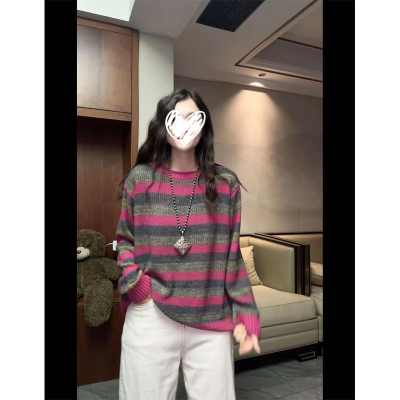 条纹厚款极简风长袖毛针织衫毛衣秋冬款百搭上衣女慵懒风复古ins