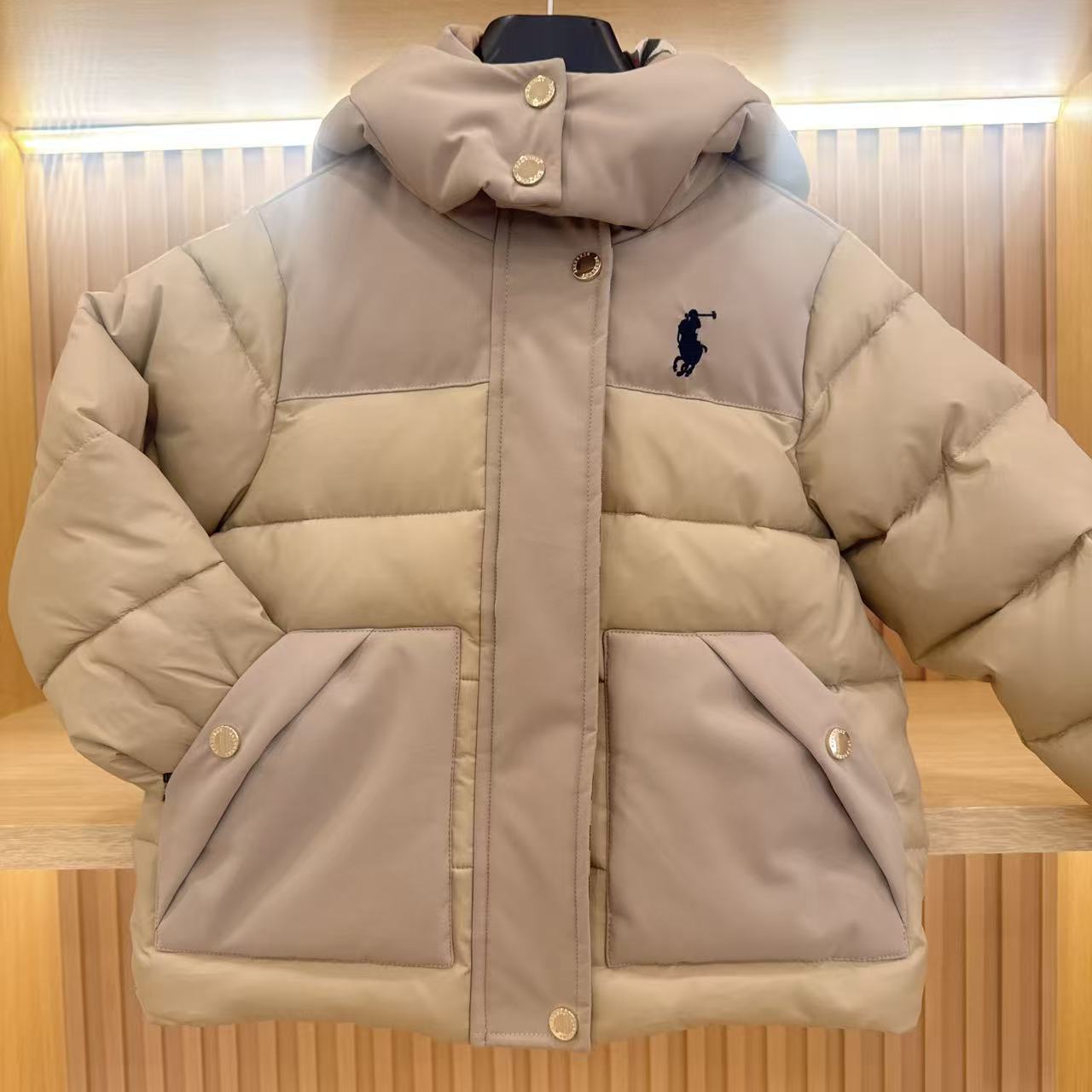 【冬季新款】88562儿童男童女童卡其色洋气时尚连帽款拼接棉服外套