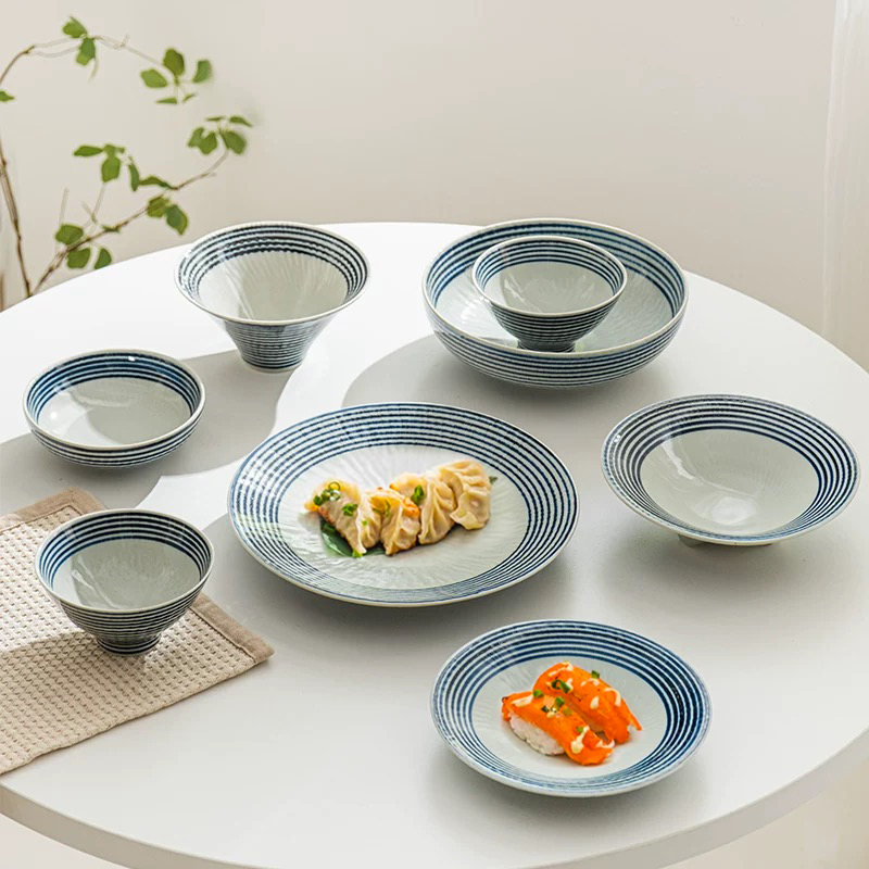 日本进口蓝驹条纹钵碗饭碗面碗日式家用陶瓷釉下彩大汤碗手绘