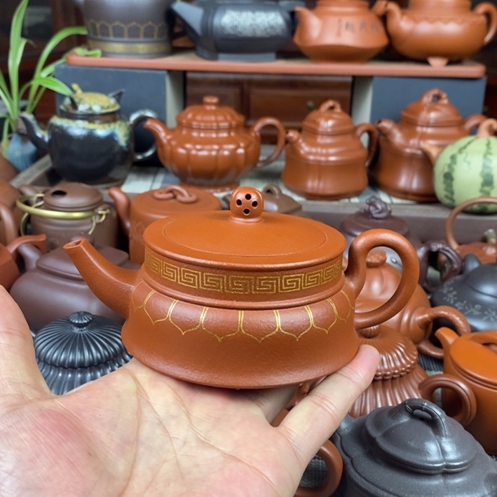 茶壶紫砂禅玉230cc原矿黄龙山老红土紫砂描金丝特价