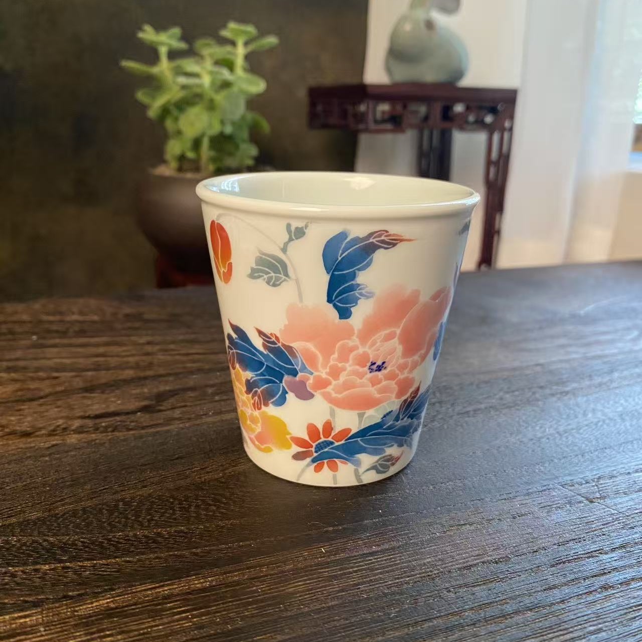 【四悦茶陶】釉下彩牡丹花卉可乐杯 景德镇陶瓷手工手绘 容量130