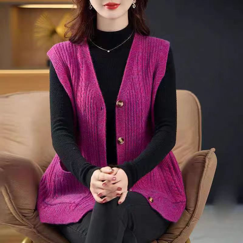 春秋新款妈妈纯色针织开衫马甲时尚宽松无袖毛衣背心坎肩外套