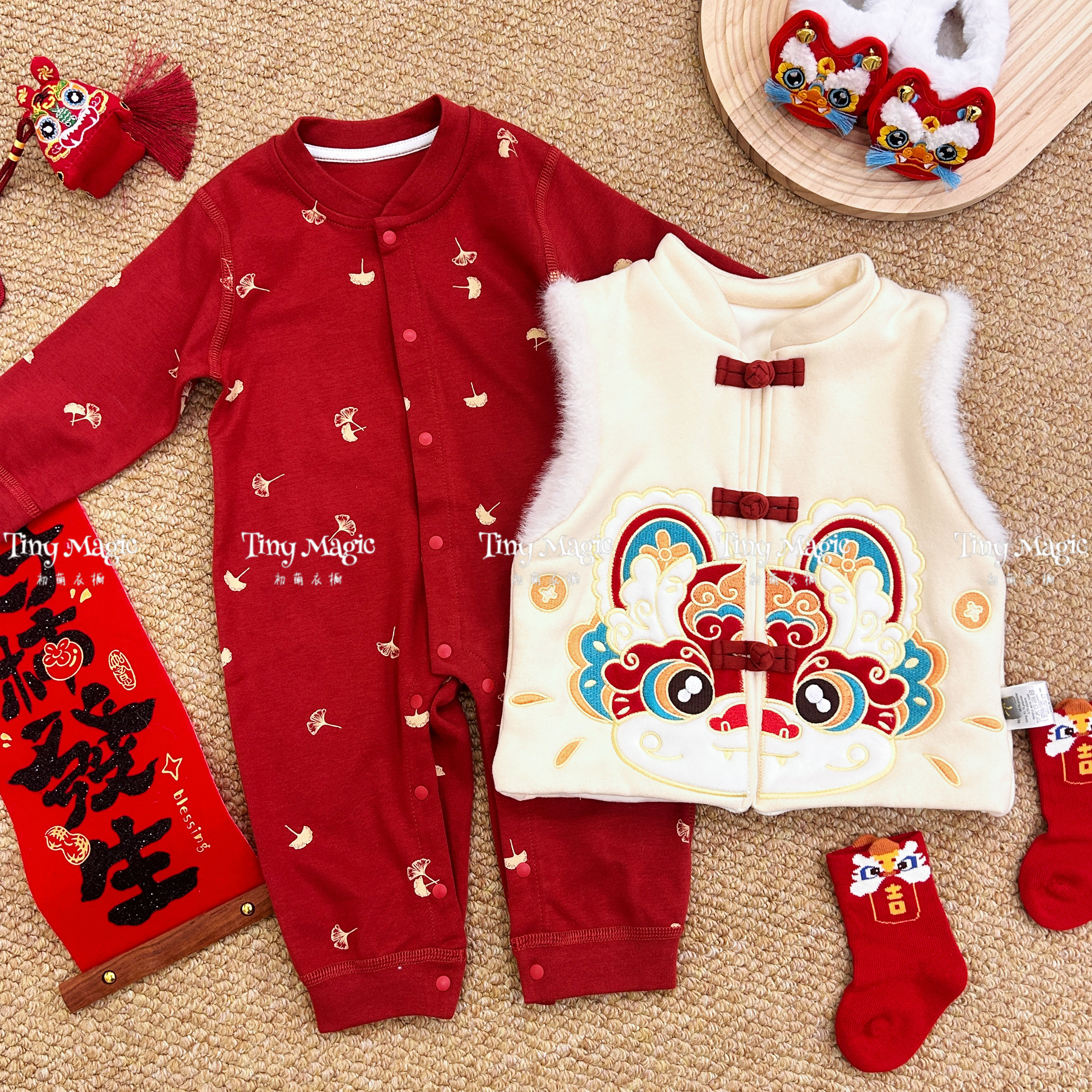  【年服】全家福丨a类纯棉婴儿秋衣男女宝长袖红色连体衣套装礼盒