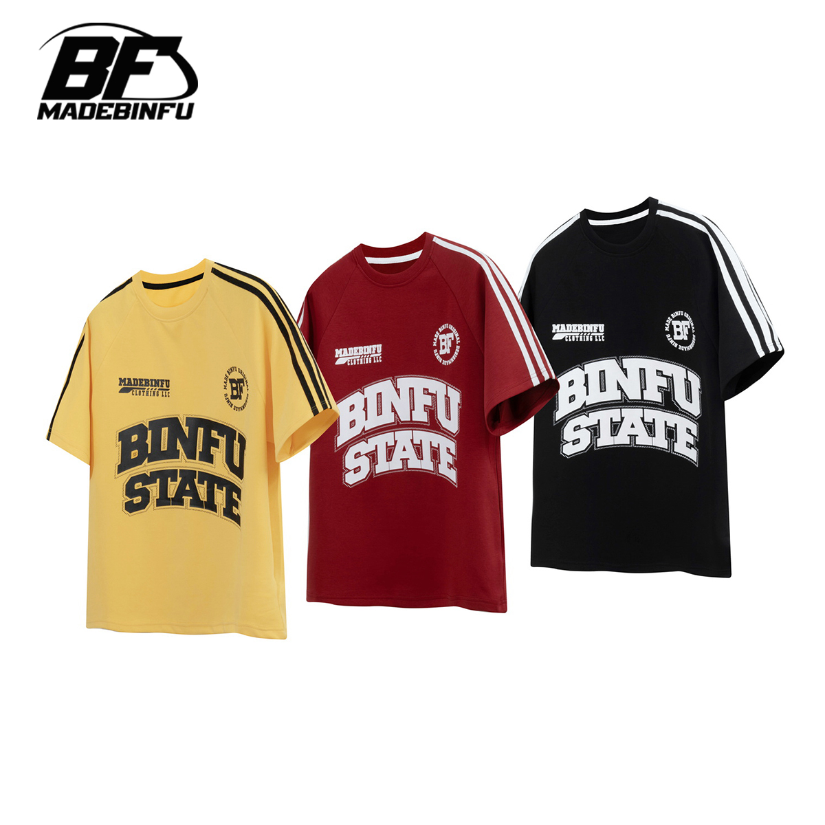 BINFU国潮原创织带拼色 美式休闲风宽松男女同款情侣装短袖T恤