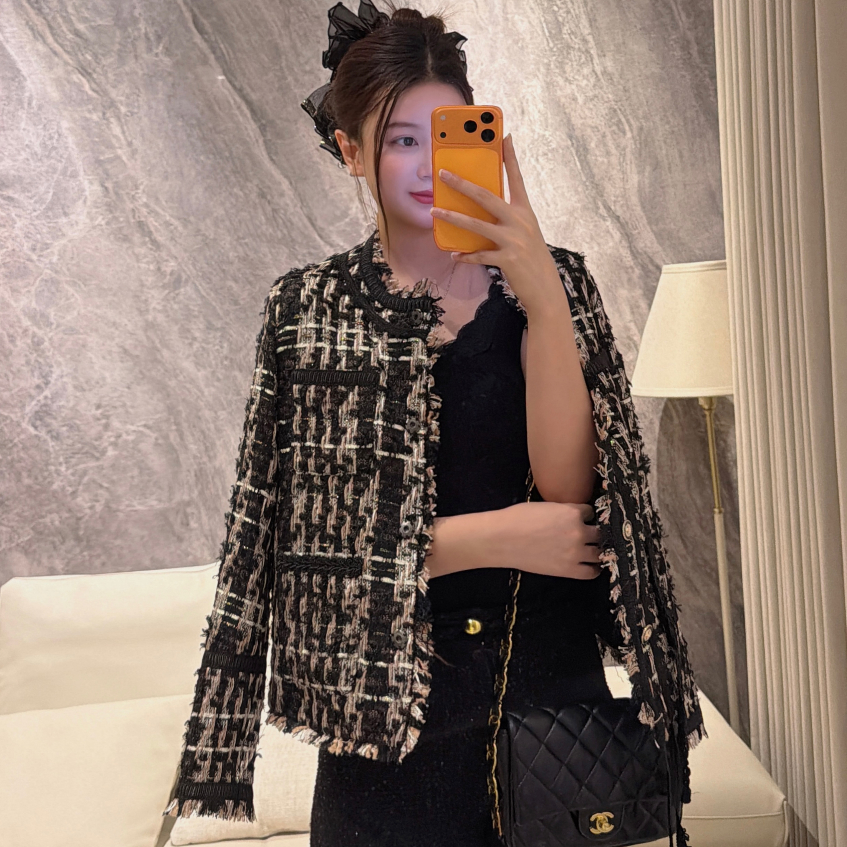 【E&E轻奢穿搭】冬季重工黑金编织流苏羊毛加厚小香风羽绒服外套女