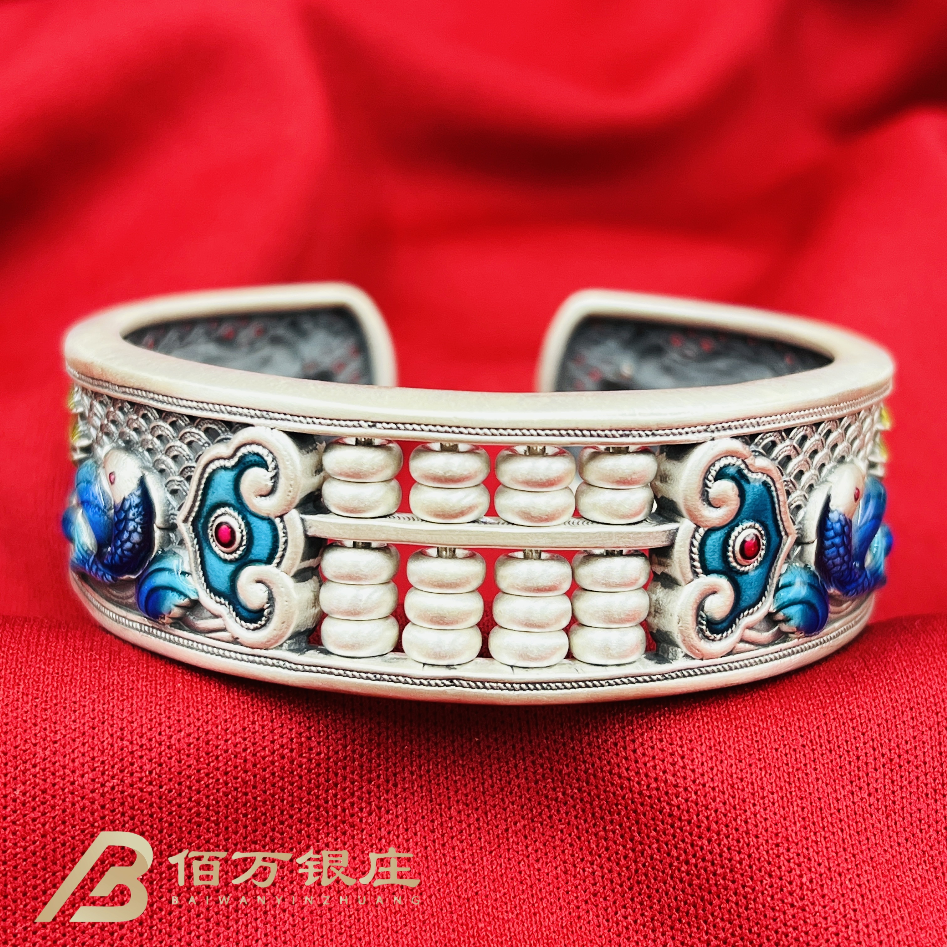 足银手镯 【佰万银庄】足银999.9古法珐琅彩鱼跃龙门算盘手镯约63g