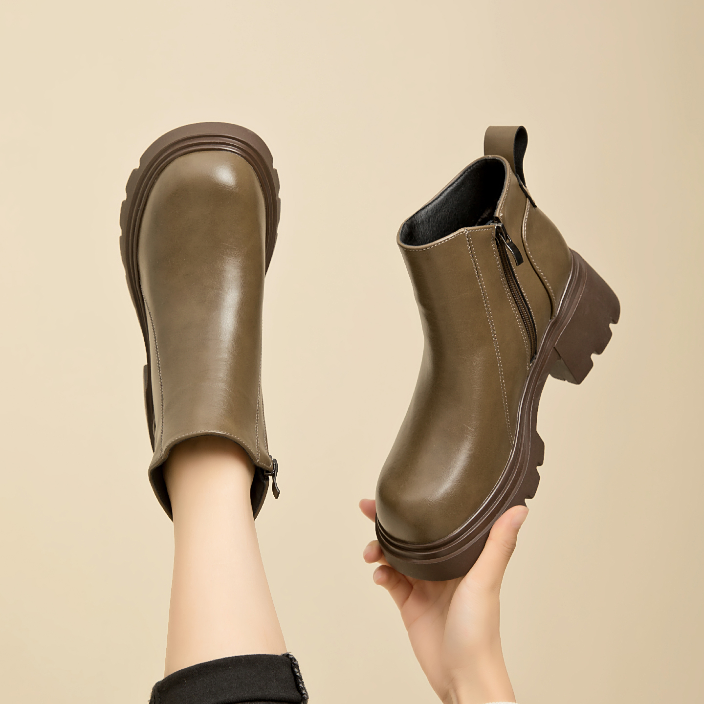 休闲厚款保暖拉链冬季马丁靴单靴秋冬女鞋粗跟加厚绒牛皮厚底短靴