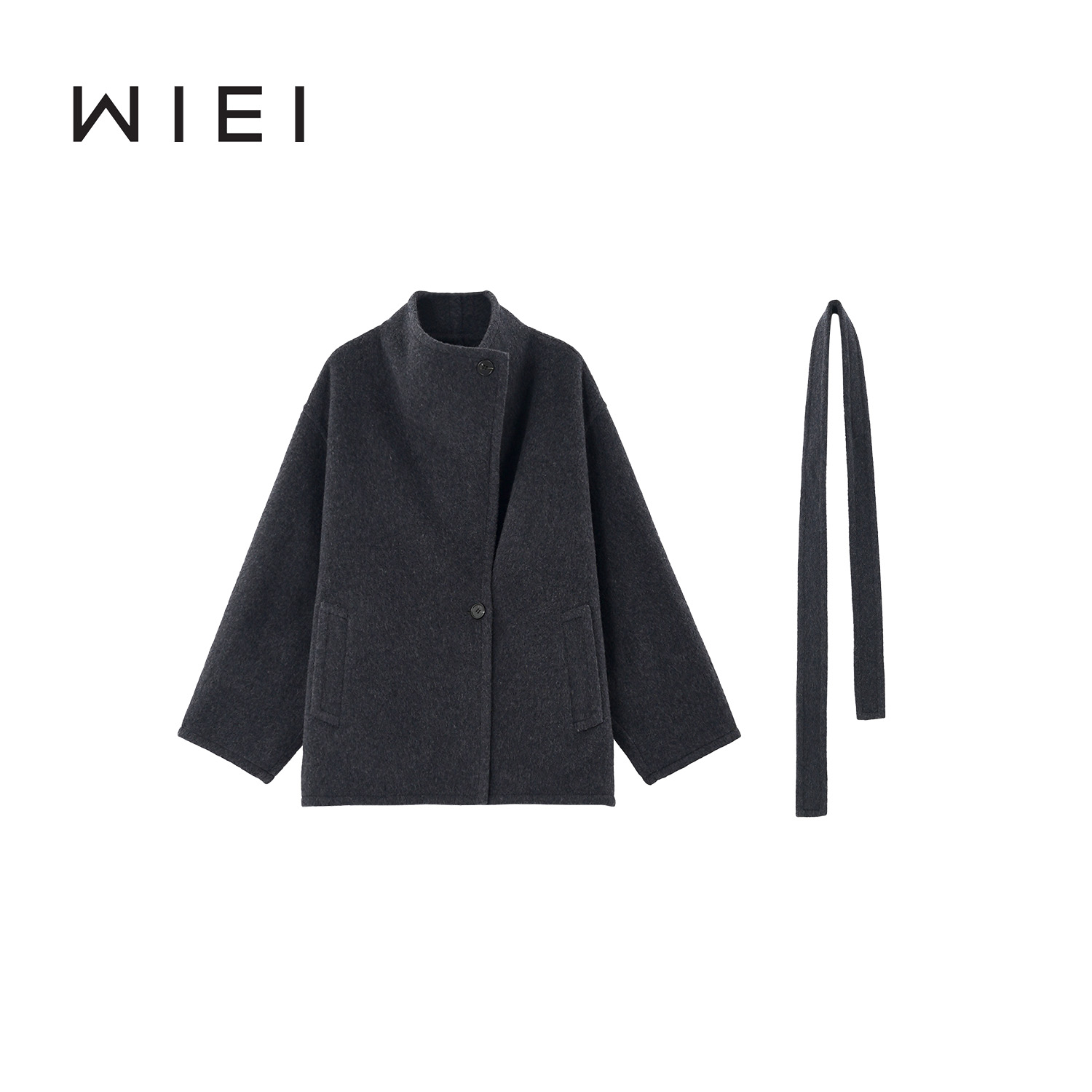 《WI EI 》空气大衣*羊毛＋羊绒斜门襟松弛2穿领双面呢大衣W25407525