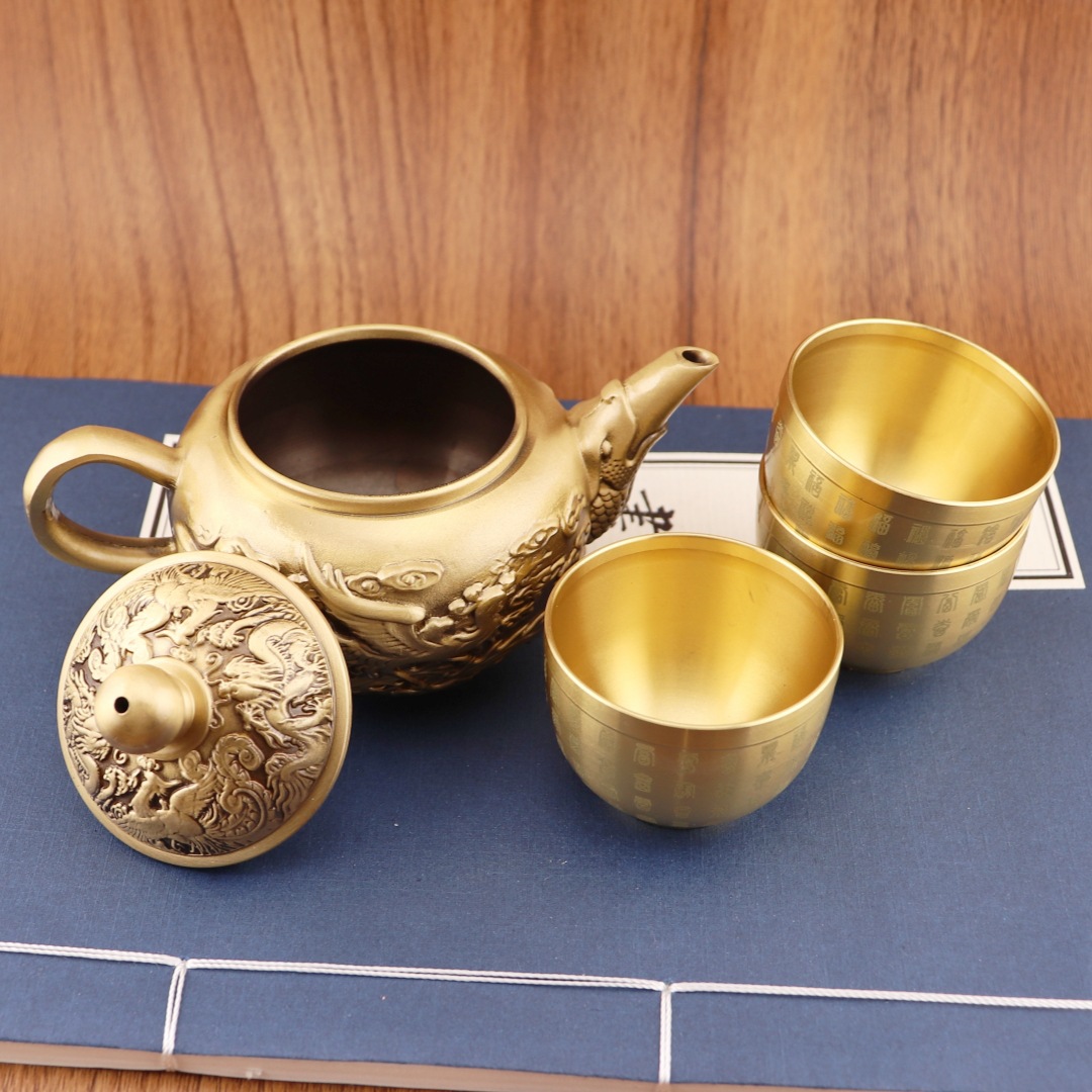 纯黄铜水壶龙凤茶壶茶道茶玩复古居家装饰桌面工艺品摆件