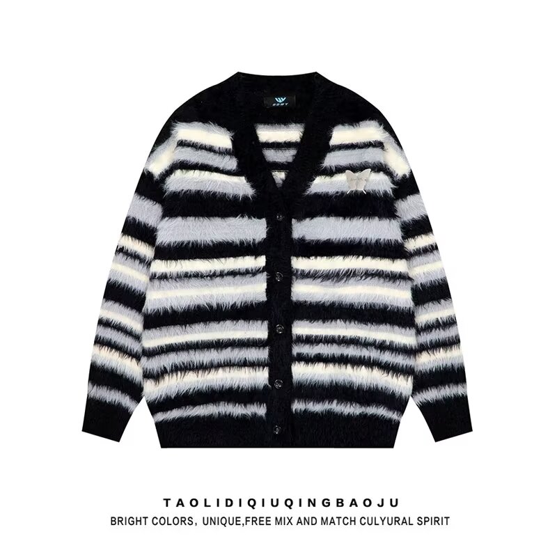 粉色条纹毛衣开衫男宽松慵懒秋冬甜美温柔风奶fufu水貂毛针织外套