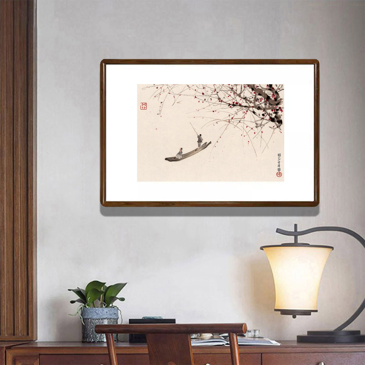 国画行舟图新中式客厅玄关装饰画书房茶室挂画办公室走廊过道壁画